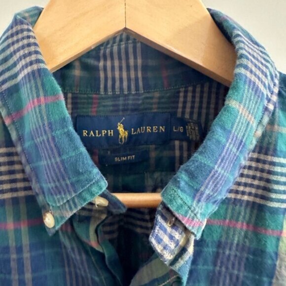 Ralph Lauren Green Plaid Button-Down Shirt  Large Slim Fit Vintage Women Fit - Picture 3 of 4